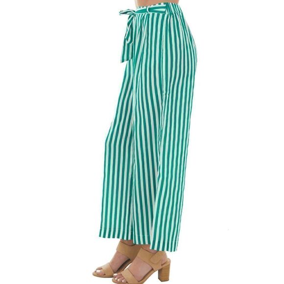 NWT Lime Lush Green Jade Striped Waist Tie Wide Leg Woven Pants - Picture 5 of 8